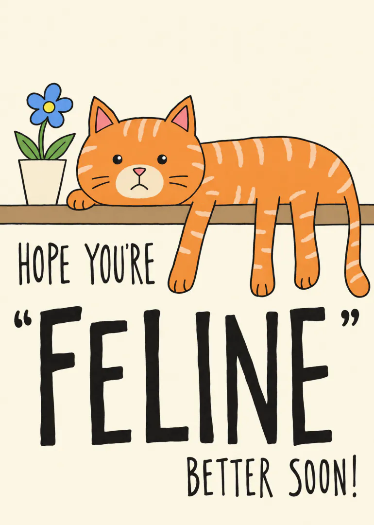 Illustrated orange tabby cat lying on a shelf beside a blue potted flower, with a feline get well pun.