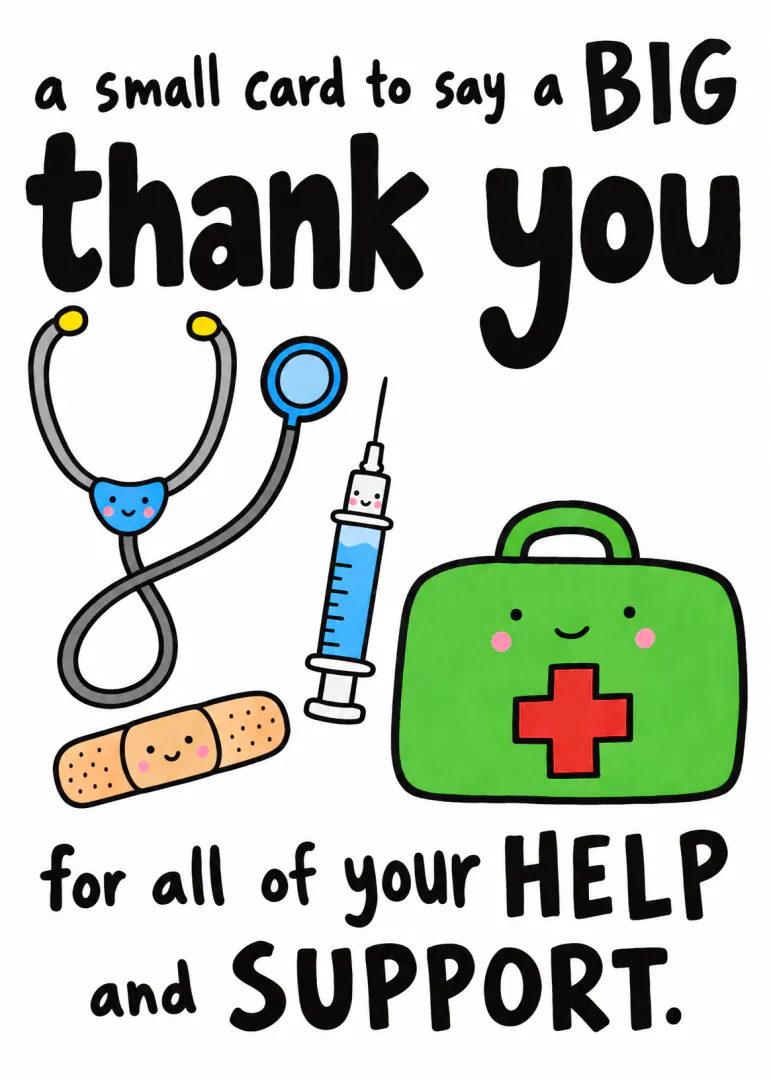Hand-drawn thank you card with a stethoscope, syringe, plaster and green first-aid case.