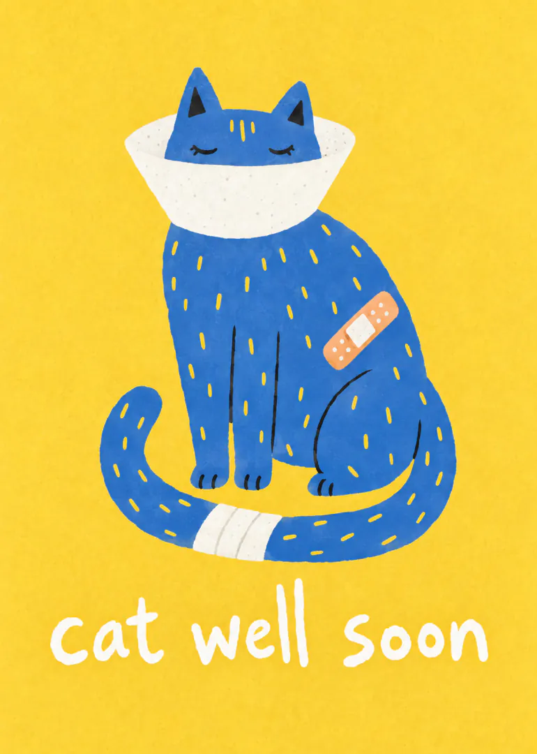Yellow card featuring a blue cat wearing a face mask and plasters, with the words “Cat well soon”.