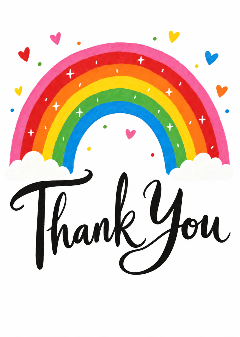 White card featuring a bright rainbow, small hearts and black hand-lettered “Thank You” text.
