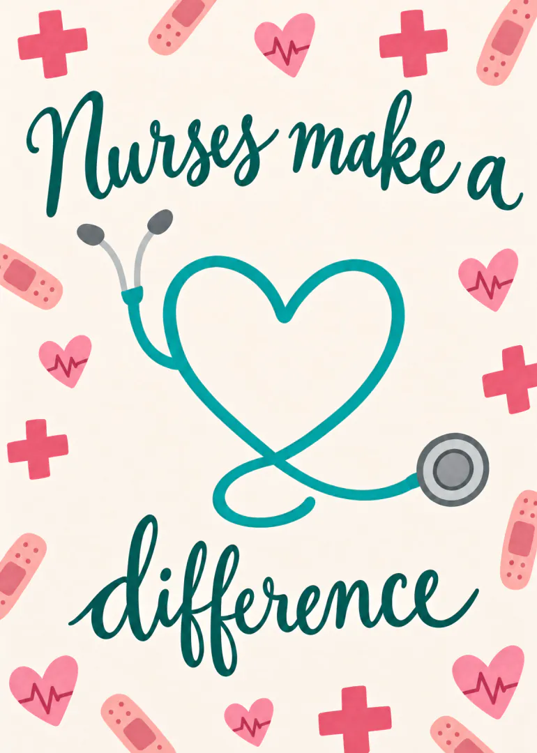 Cream card with teal script reading “Nurses make a difference”, a heart-shaped stethoscope, pink medical crosses, plasters and ECG hearts.