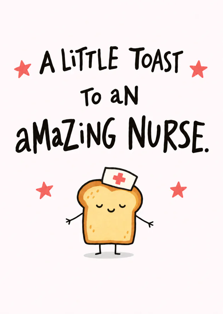 Hand-lettered card reading “A LITTLE TOAST To aN aMaZiNG NURSE.” above a smiling toast character wearing a nurse’s cap.