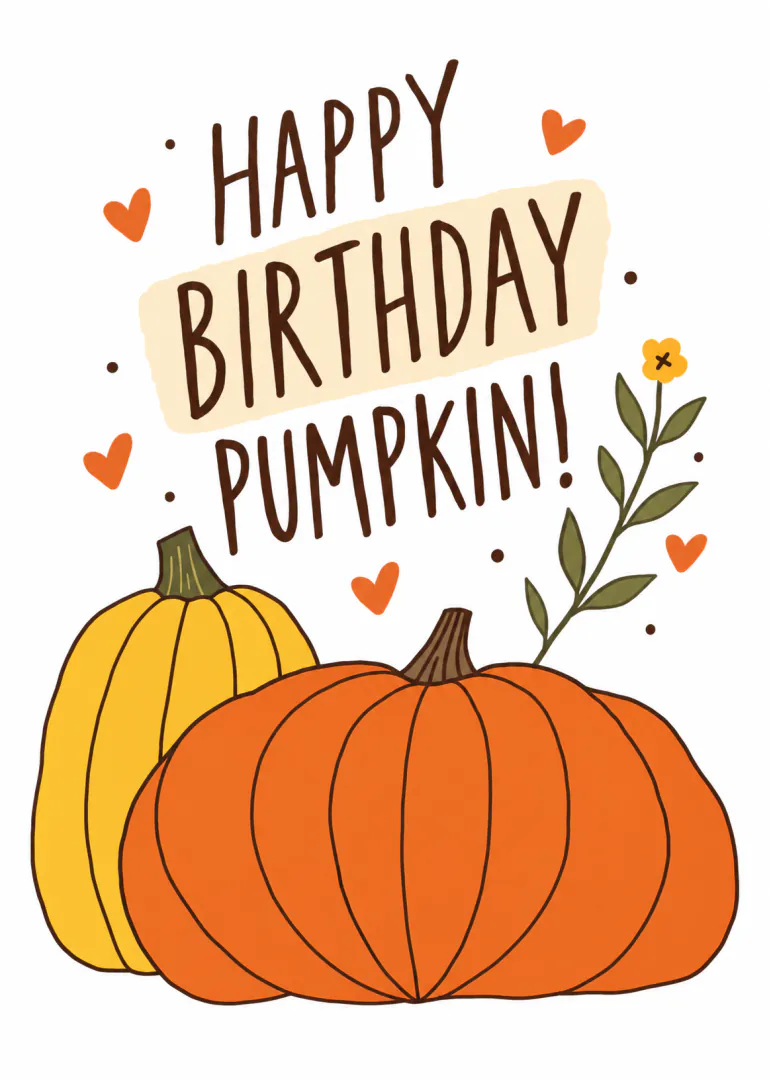 Illustrated birthday card with two pumpkins, hearts and the words Happy Birthday Pumpkin.