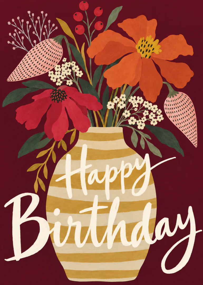 Illustrated orange and red flowers in a striped vase with Happy Birthday lettering on a burgundy background.