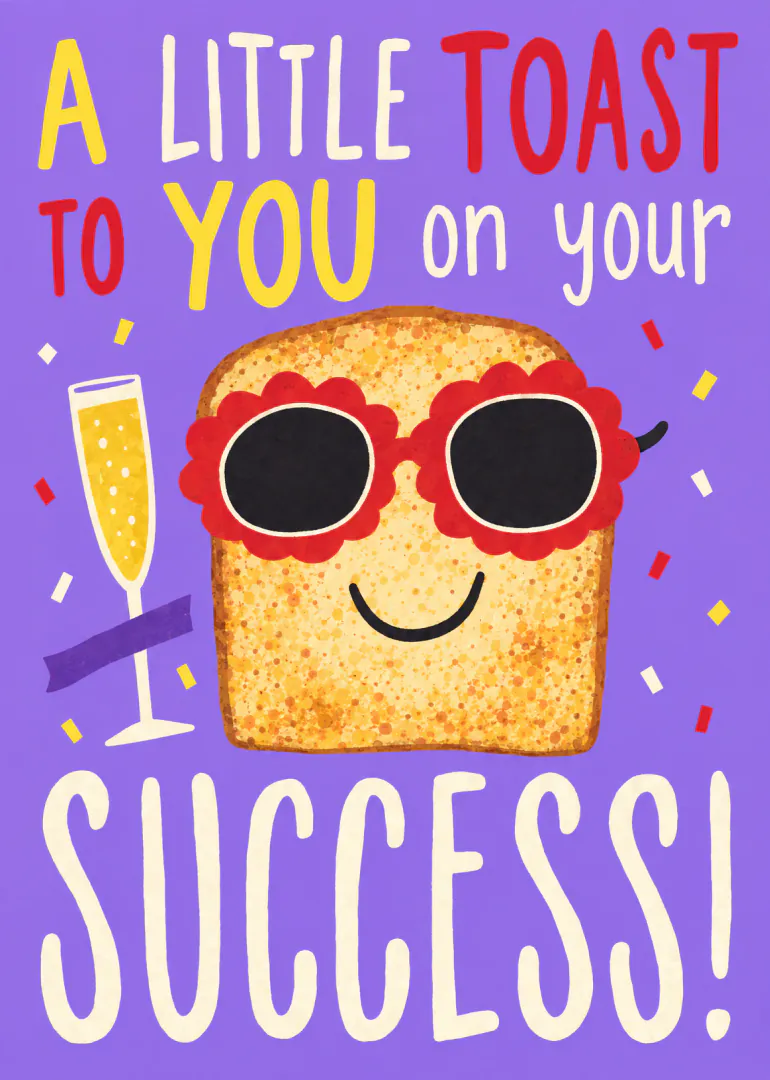 Purple congratulations card featuring a smiling slice of toast in red flower-shaped sunglasses beside a champagne flute.
