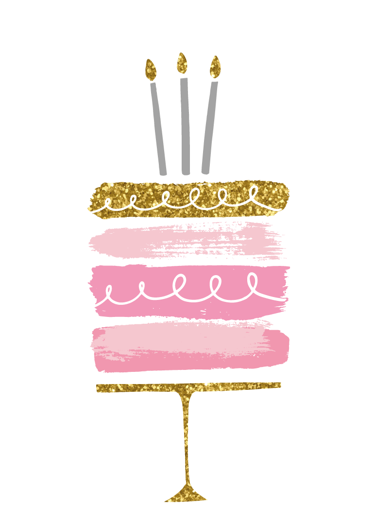 Pink and gold birthday cake with three candles on a stand