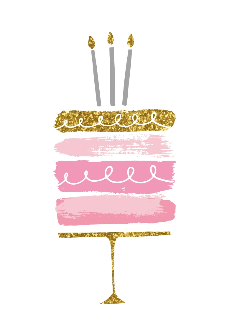 Pink and gold birthday cake card with glitter accents and three candles on white background.