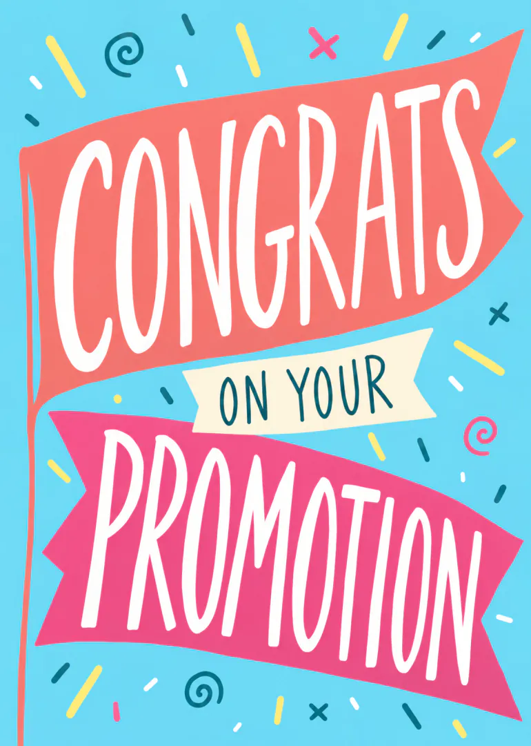 Bright blue card with coral and pink banners reading Congratulations on Your Promotion.