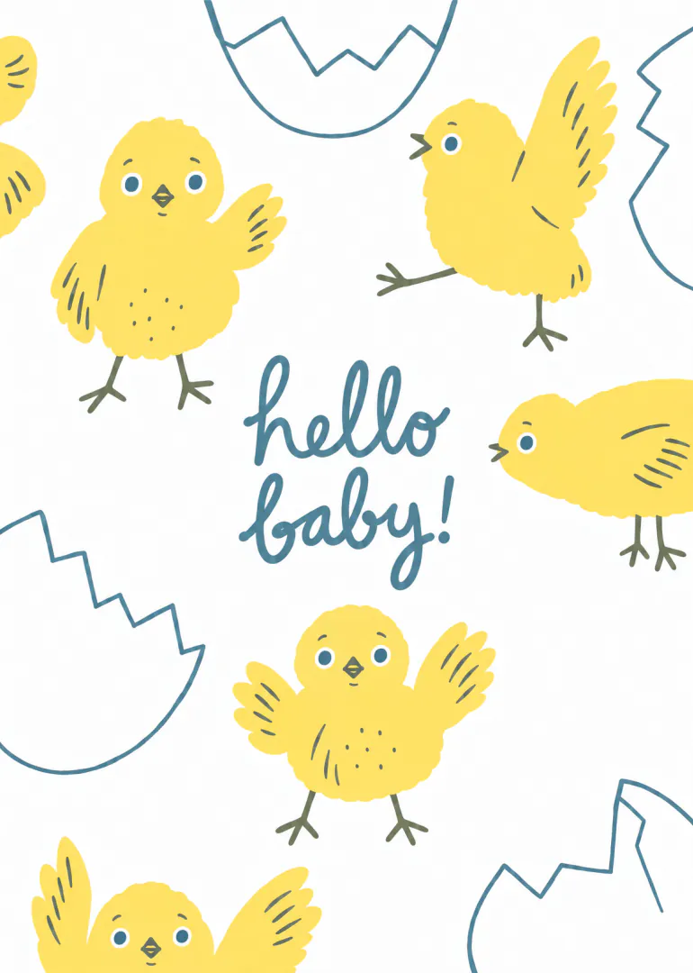 White card with illustrated yellow chicks, blue eggshell outlines and the words “hello baby!” in blue script.