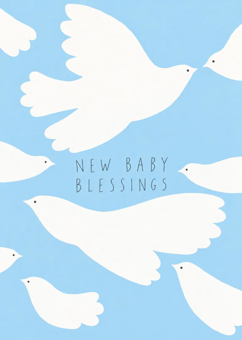 Blue card featuring white flying doves and the words “NEW BABY BLESSINGS”.