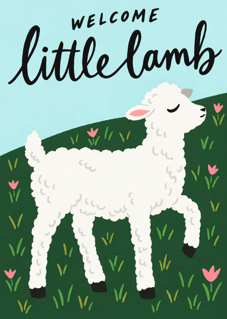 Illustrated white lamb standing on a green hill with pink flowers and the words Welcome little lamb.