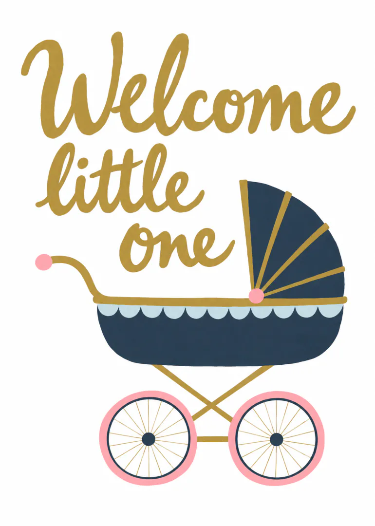 White card with gold Welcome little one lettering above a navy pram with pink wheels.