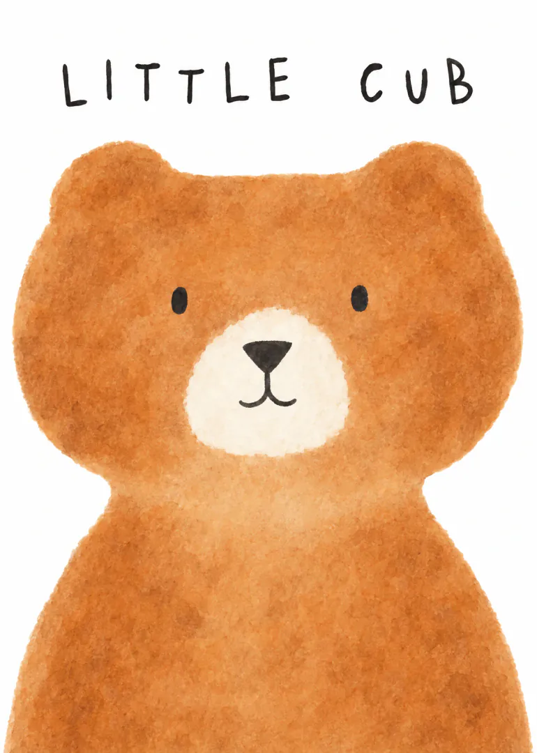 Watercolour brown bear cub with the words “LITTLE CUB” above.