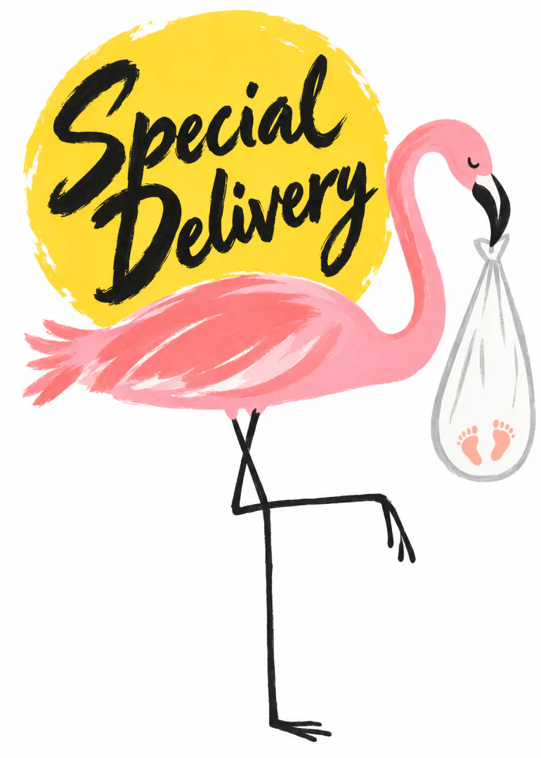 Pink flamingo holding a baby bundle beneath a yellow circle reading “Special Delivery”.