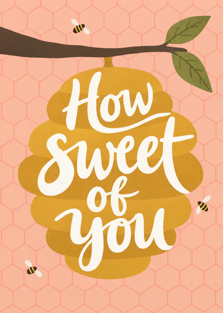 Illustrated thank you card with a golden honeycomb-shaped honey mound, bees and leafy branch on a peach background.