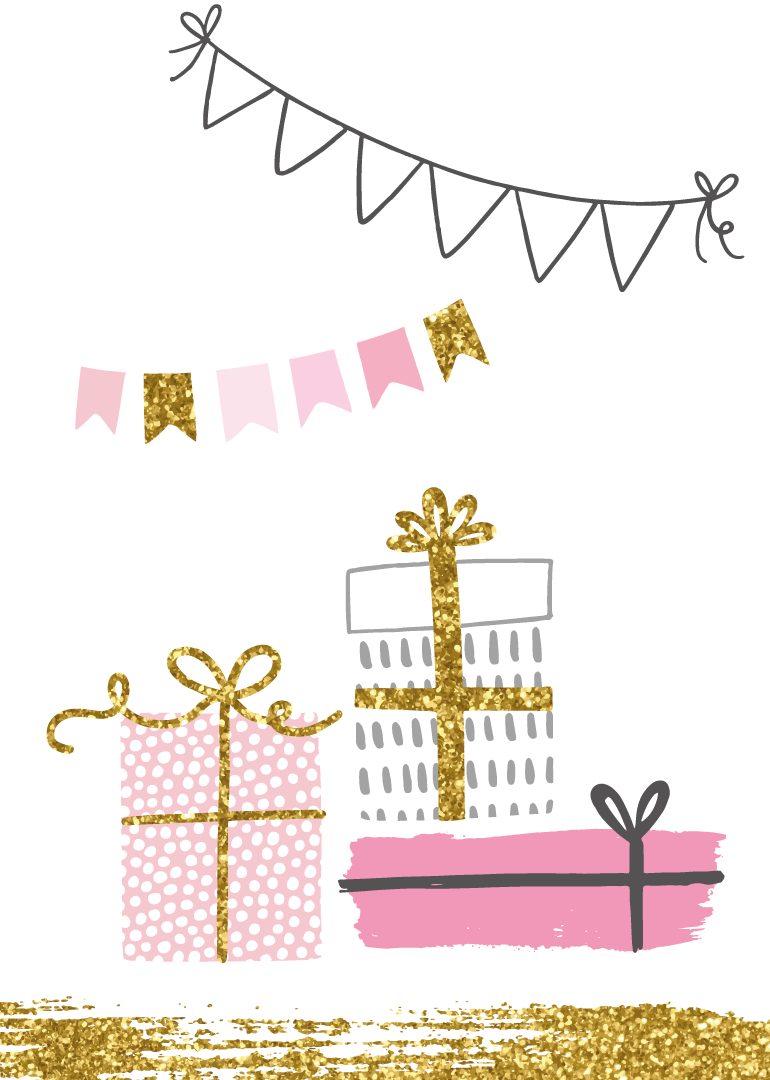 Pink and gold gift boxes with bunting and glitter accents on white background
