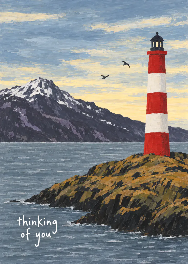 Painted red and white lighthouse on a rocky shore with mountains, seabirds and the words “thinking of you”.