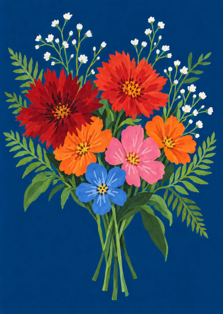 A hand-painted bouquet of red, orange, pink and blue flowers with green foliage on a deep blue background.