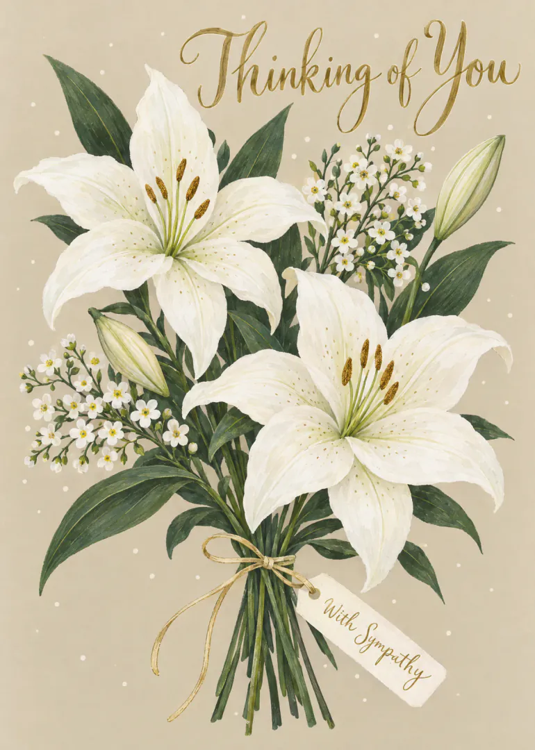 Elegant sympathy card showing a bouquet of white lilies and small white flowers with gold lettering.