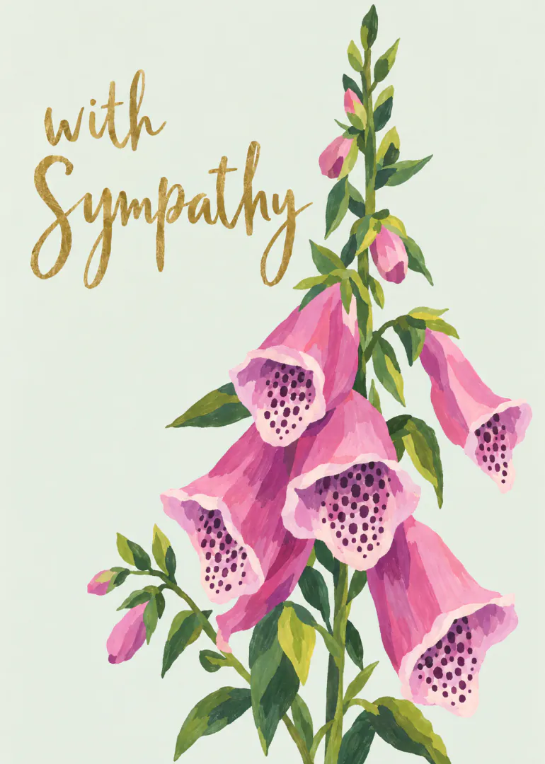 Watercolour-style pink foxgloves with gold 'with Sympathy' lettering on a pale background.