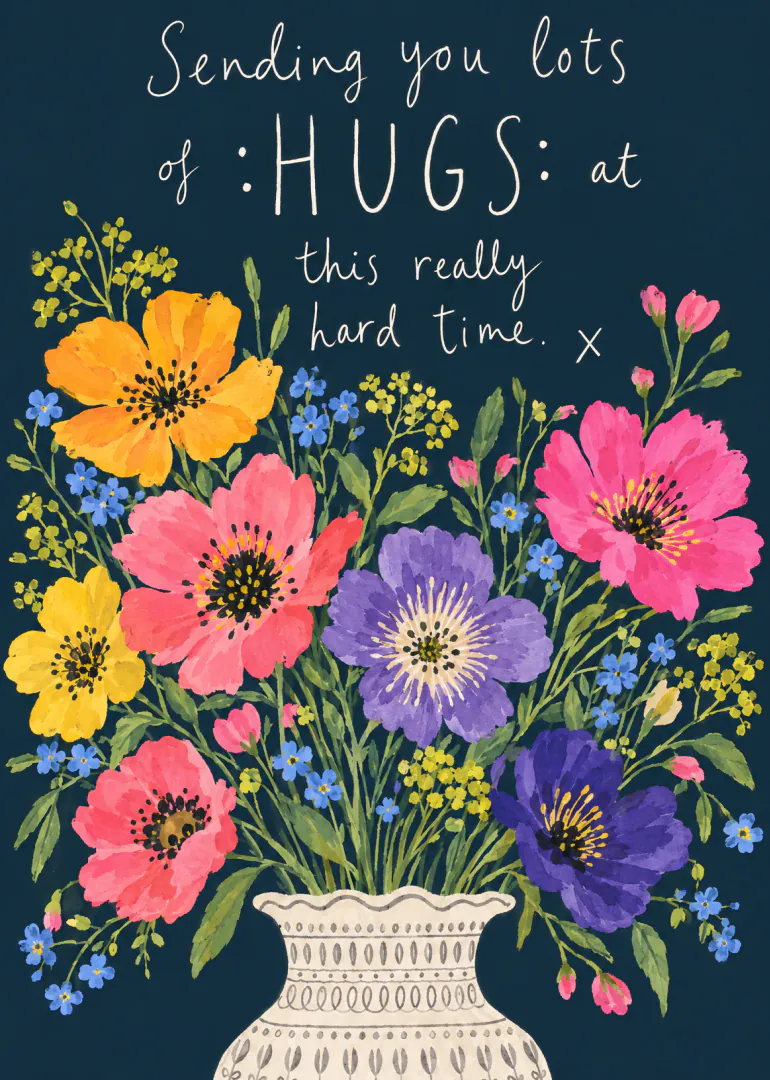 Colourful painted wildflowers in a patterned vase on a dark blue background, with a supportive hugs message.