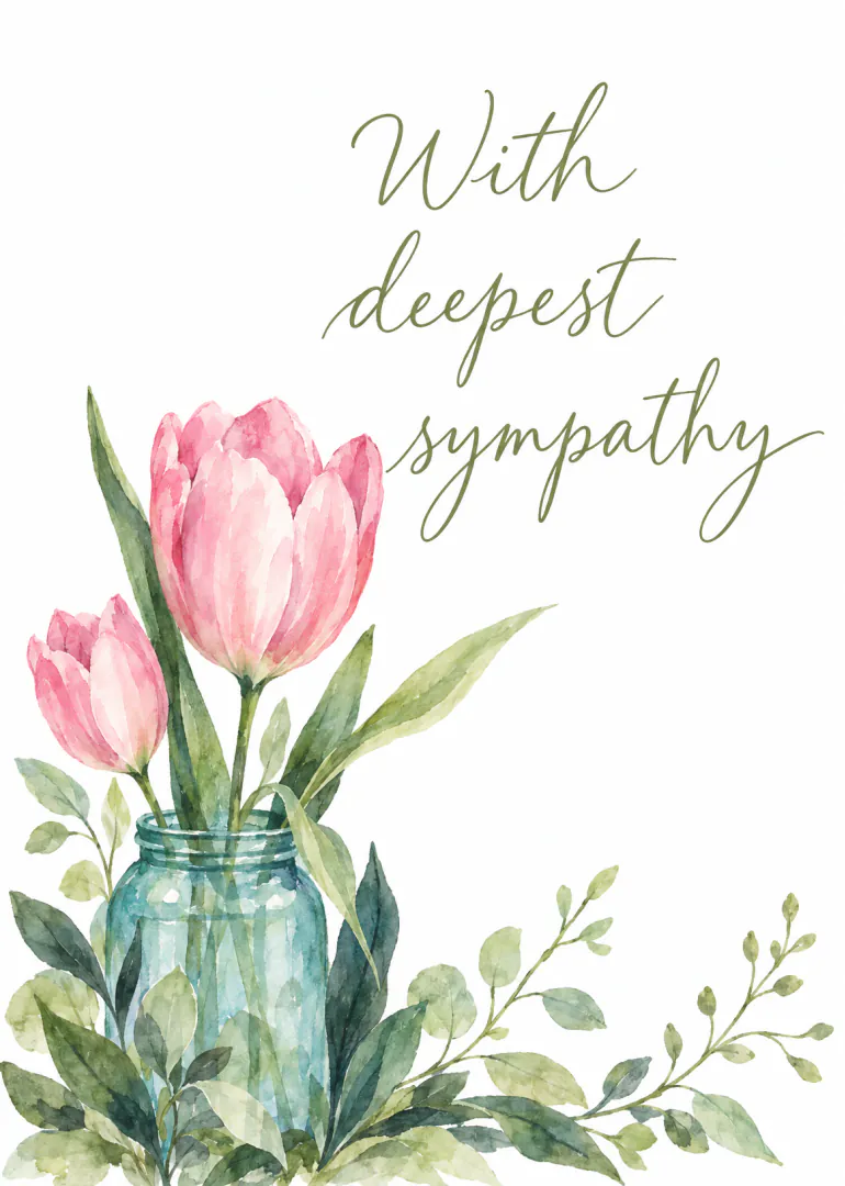 Watercolour pink tulips in a blue-green glass jar with leafy foliage and sympathy wording.