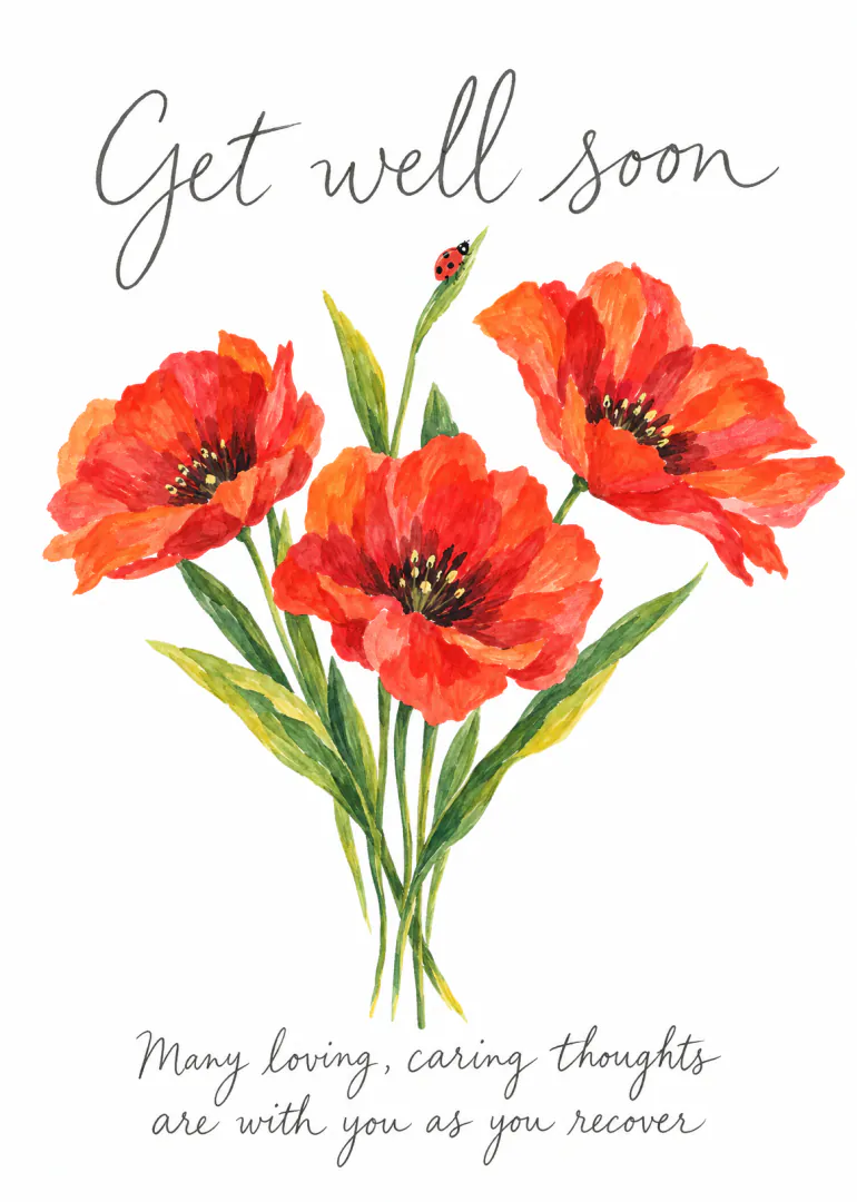Watercolour red poppies with a ladybird and get well soon message on a white background.