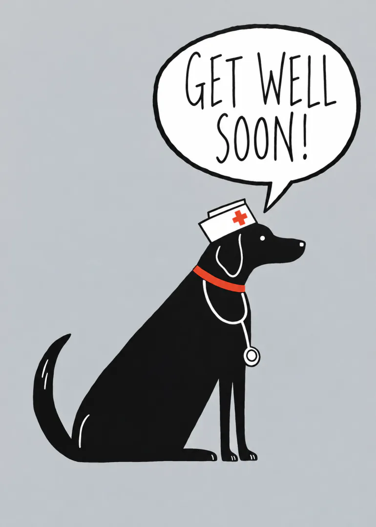Grey card featuring a black dog wearing a nurse cap and stethoscope beneath a get well soon speech bubble.