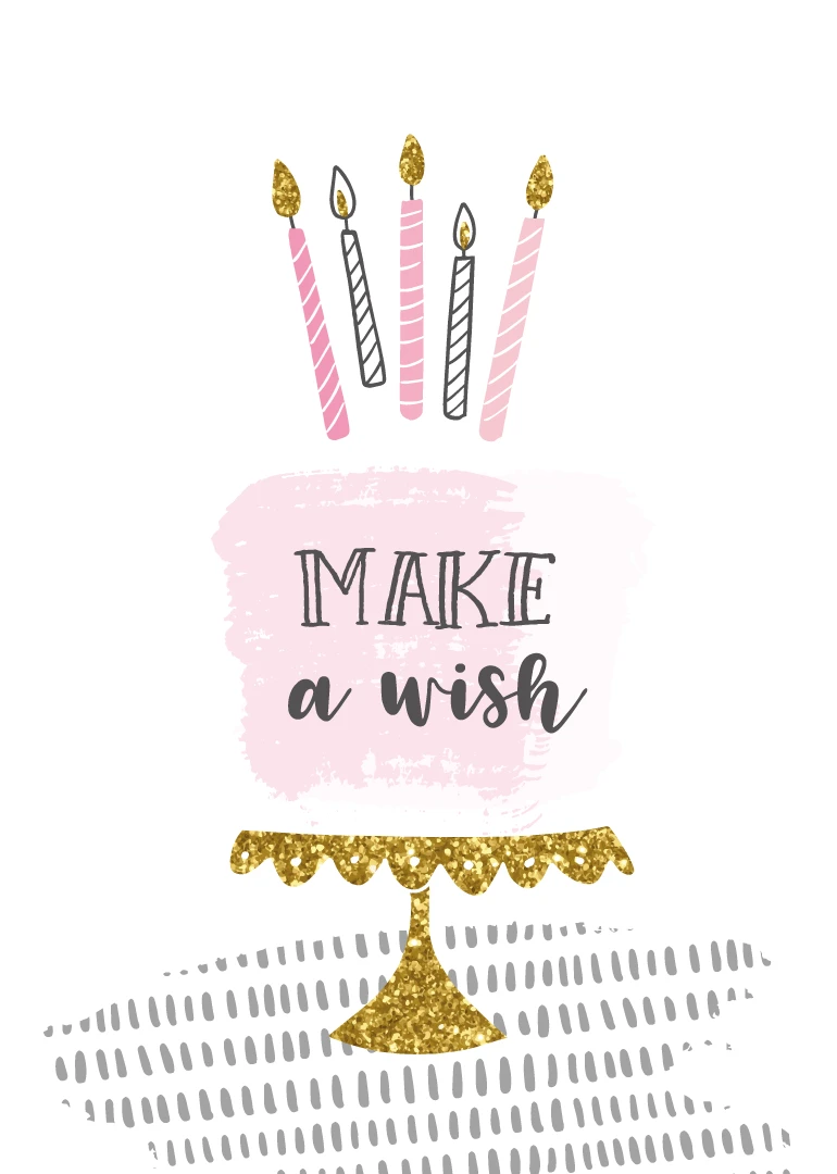 Pink and gold birthday cake with candles and Make a Wish text.