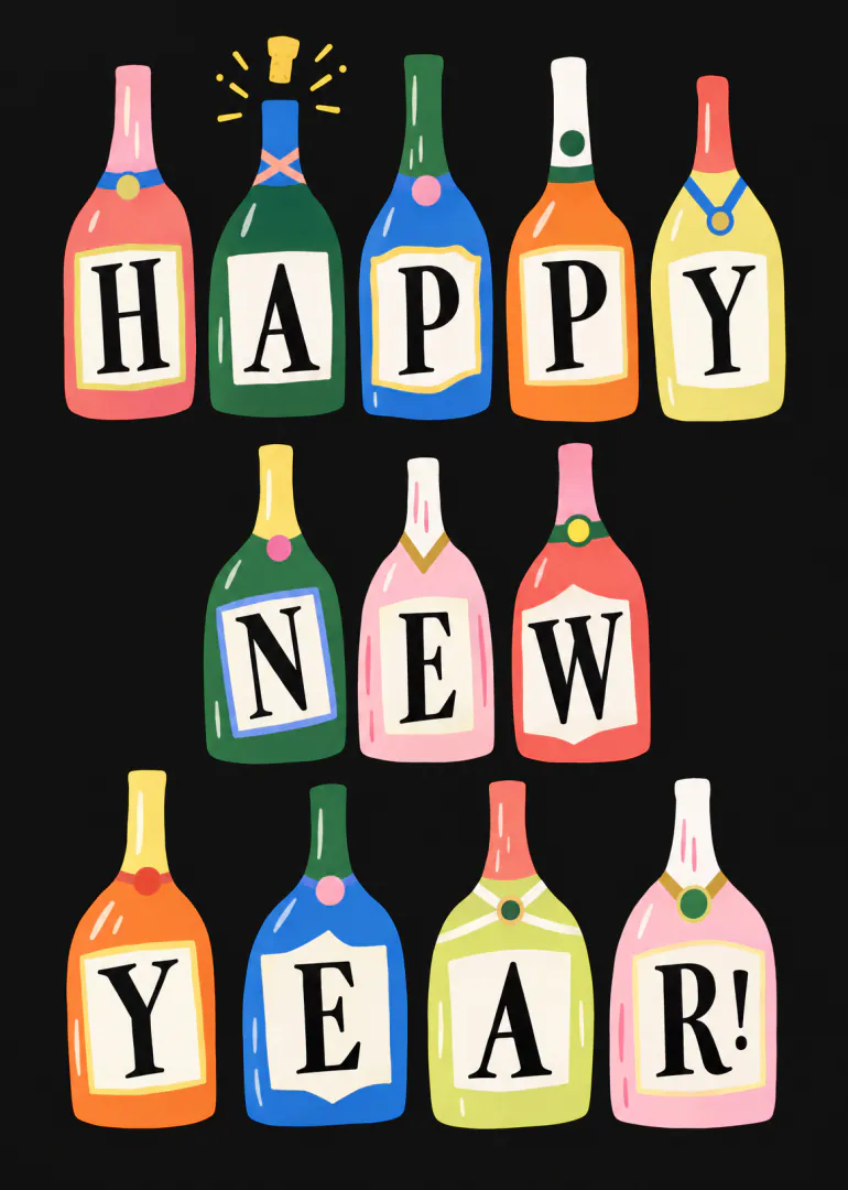 Black card featuring colourful illustrated bottles spelling Happy New Year.