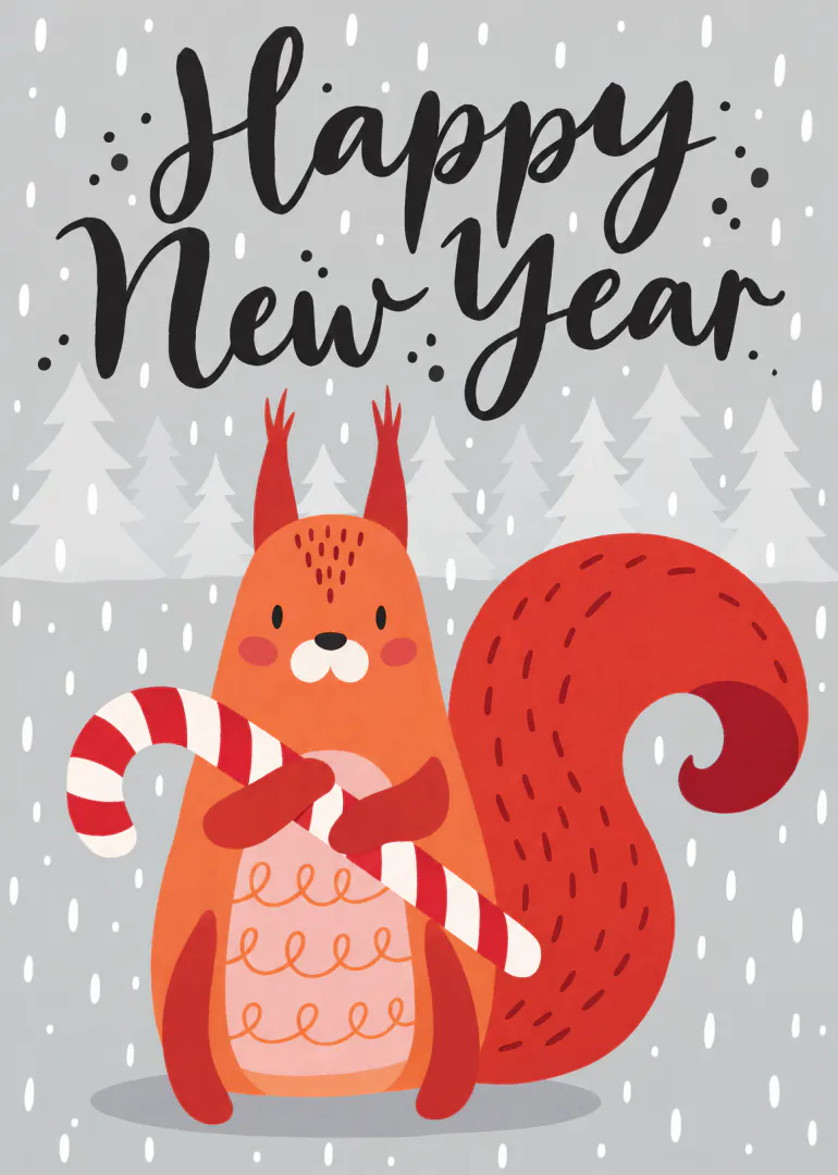 Illustrated orange squirrel holding a red and white candy cane in falling snow beneath Happy New Year lettering.