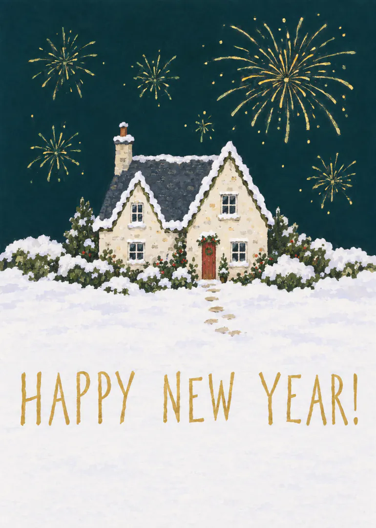 Illustrated snowy cottage beneath gold fireworks with Happy New Year lettering.
