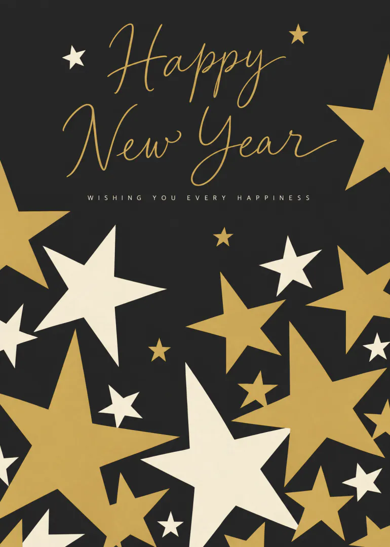 Black Happy New Year card with gold and cream stars.