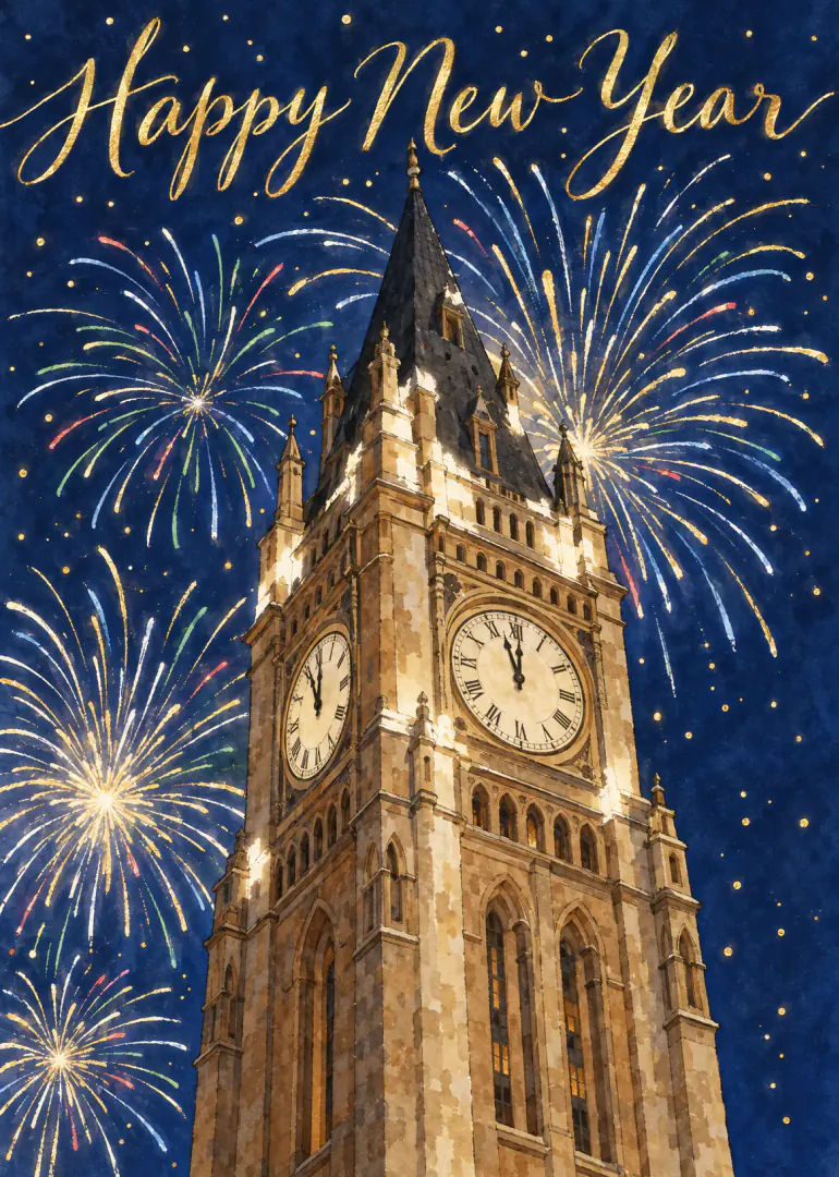 Illustrated clock tower beneath colourful fireworks with gold Happy New Year lettering.