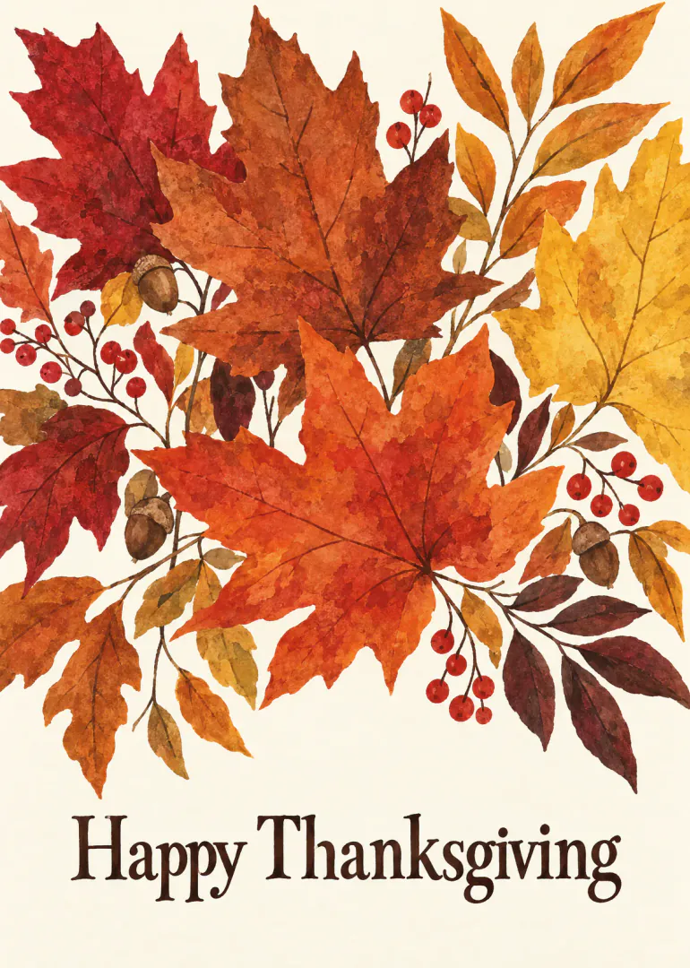 Watercolour Thanksgiving card with colourful autumn leaves, berries and acorns above Happy Thanksgiving wording.