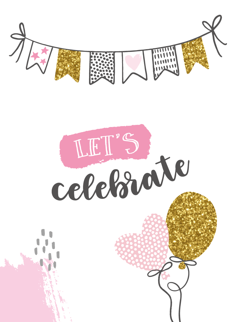 Festive card with gold glitter balloons, bunting, and Let's Celebrate text