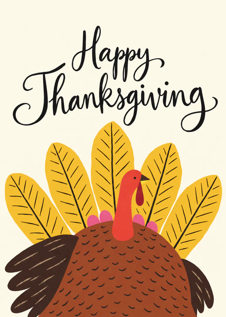 Cream card with hand-lettered Happy Thanksgiving above an illustrated turkey with golden tail feathers.