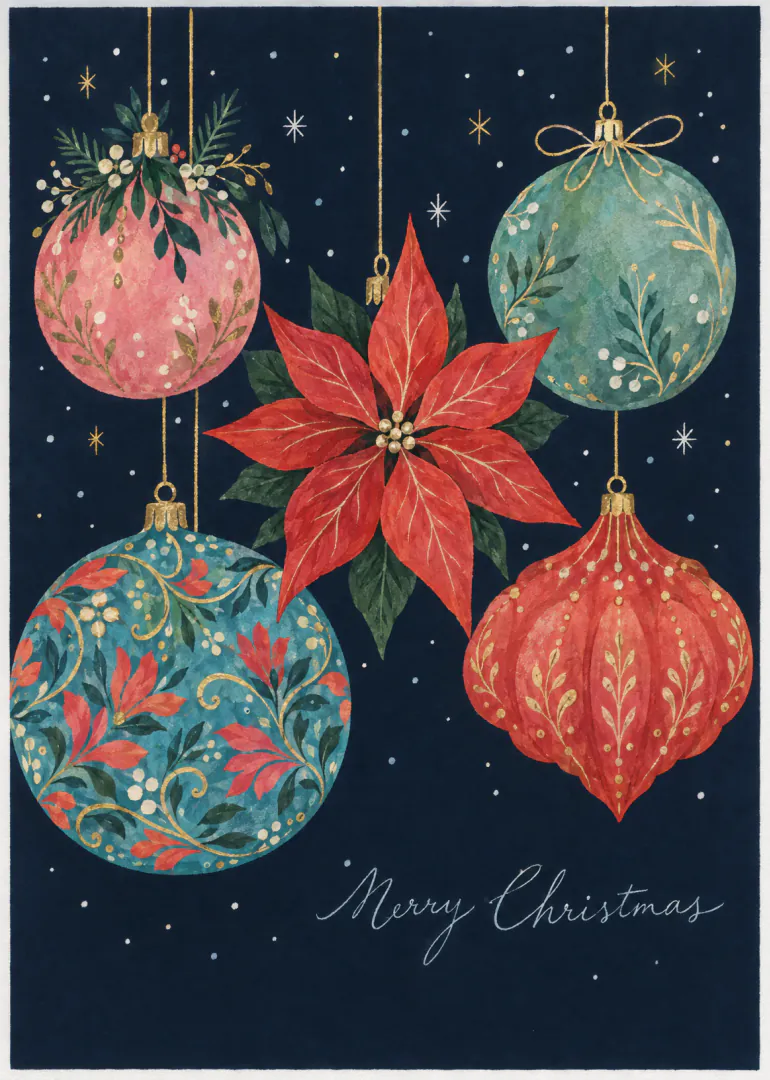Dark navy Christmas card with painted floral baubles, a red poinsettia and Merry Christmas lettering.