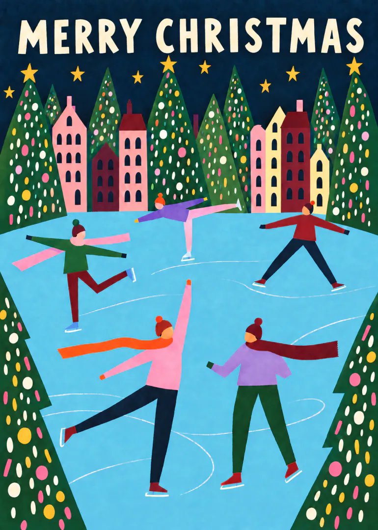 Colourful illustrated Christmas card showing people ice skating between decorated trees and houses.