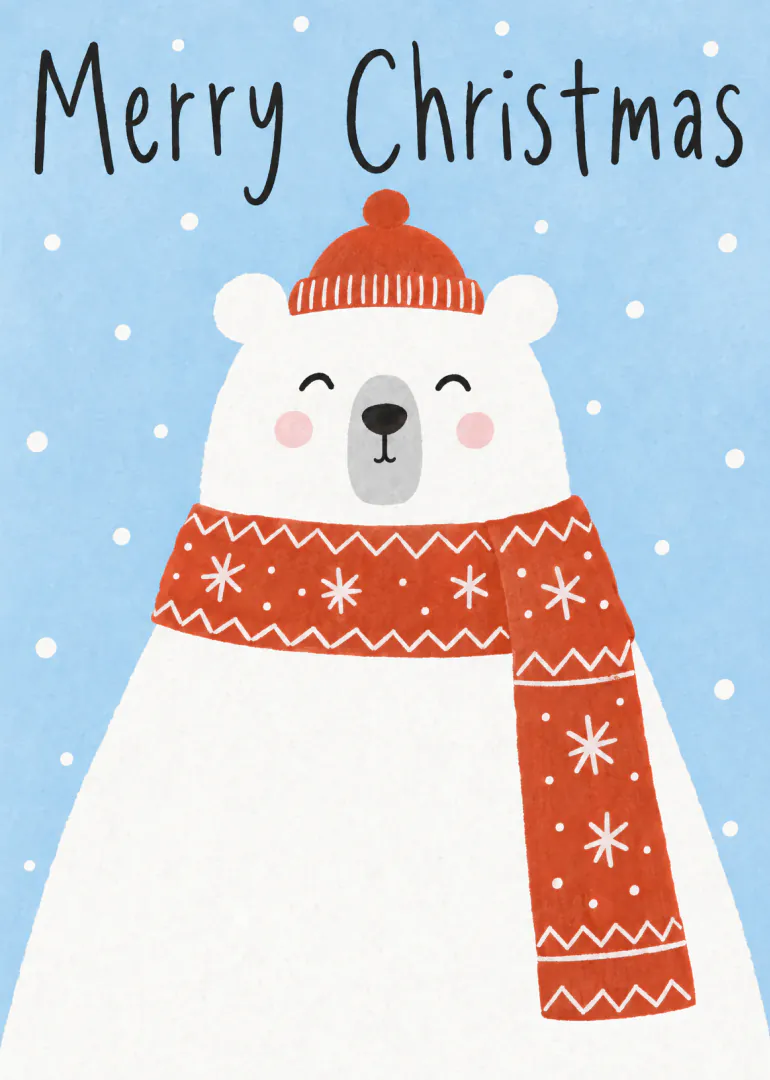 Illustrated white polar bear wearing a red hat and scarf beneath Merry Christmas text on a blue snowy background.
