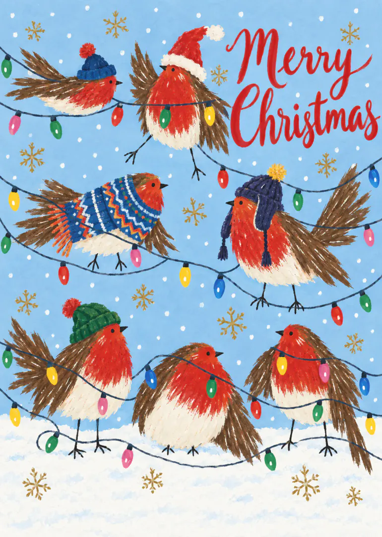 Painted Christmas card showing seven robins in winter hats among colourful string lights, snowflakes and the words “Merry Christmas”.