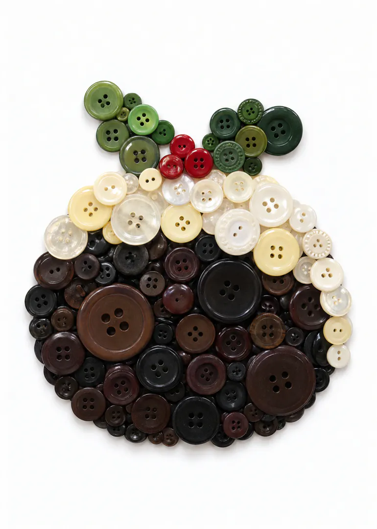 A Christmas pudding made from brown, cream, red and green buttons on a white background.