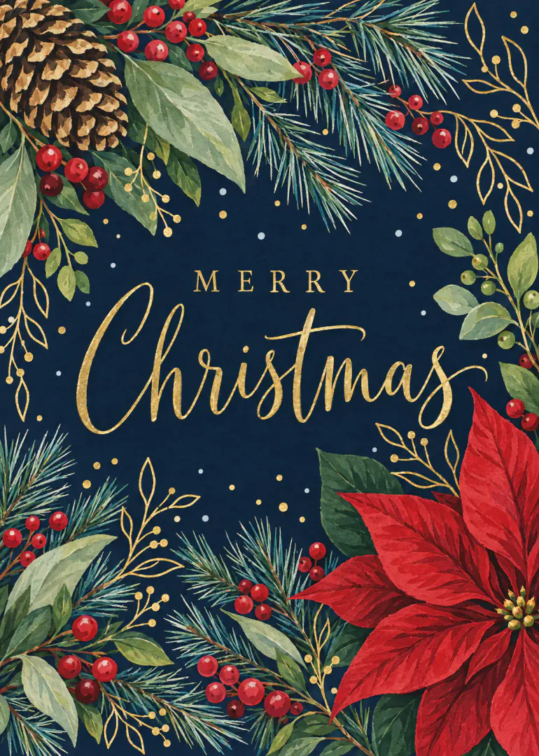 Dark navy Merry Christmas card framed with red poinsettias, berries, pine branches and a pinecone.