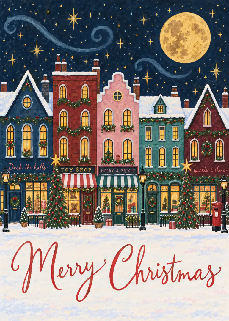 Illustrated snowy Christmas village with decorated shops, glowing windows, stars, a full moon and Merry Christmas lettering.