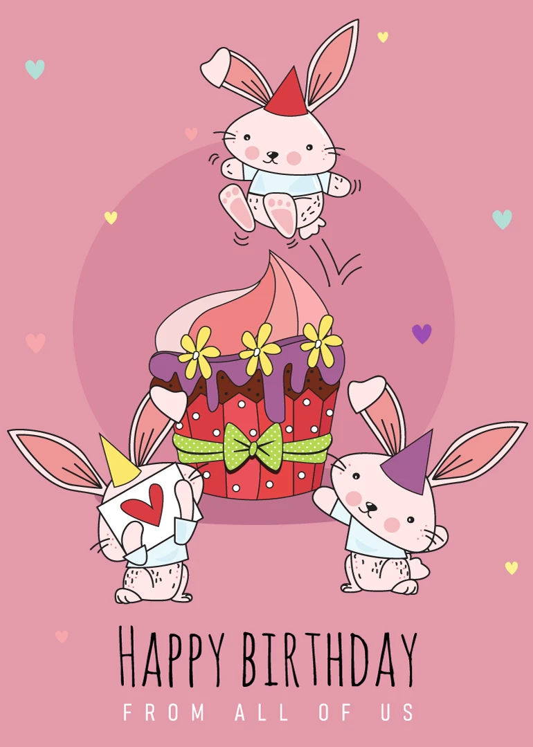 Three cute rabbits celebrate with a decorated cake on a pink Happy Birthday card design.