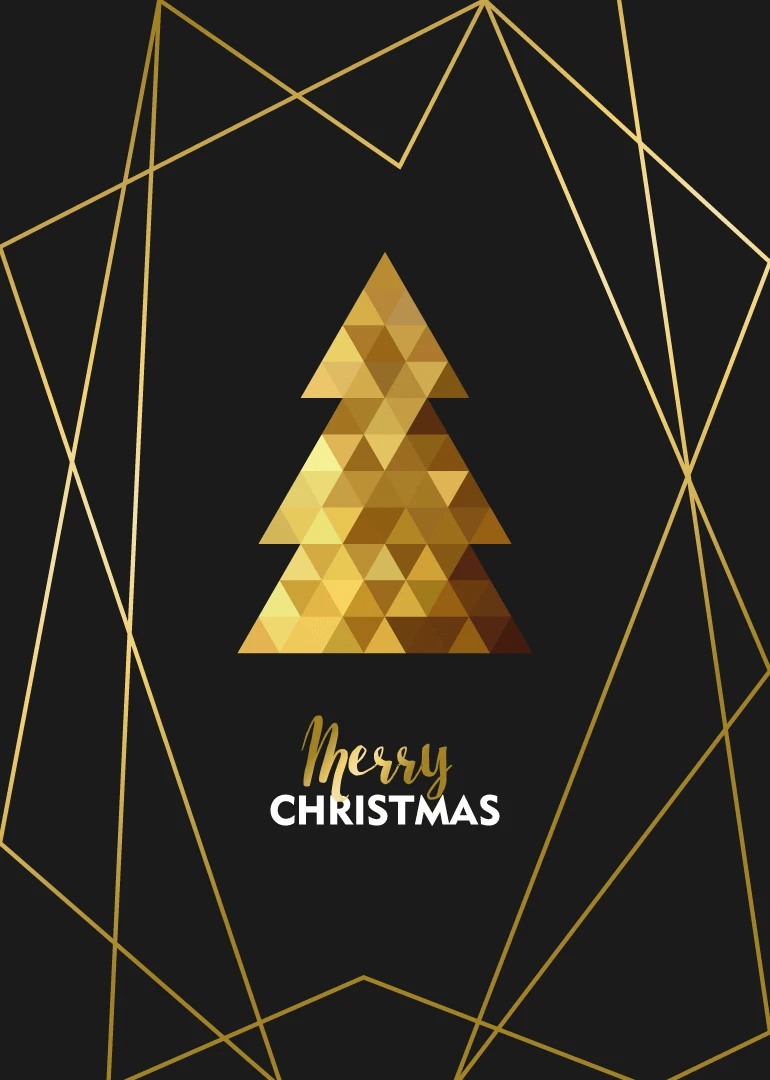 Black card with gold geometric Christmas tree and Merry Christmas text.