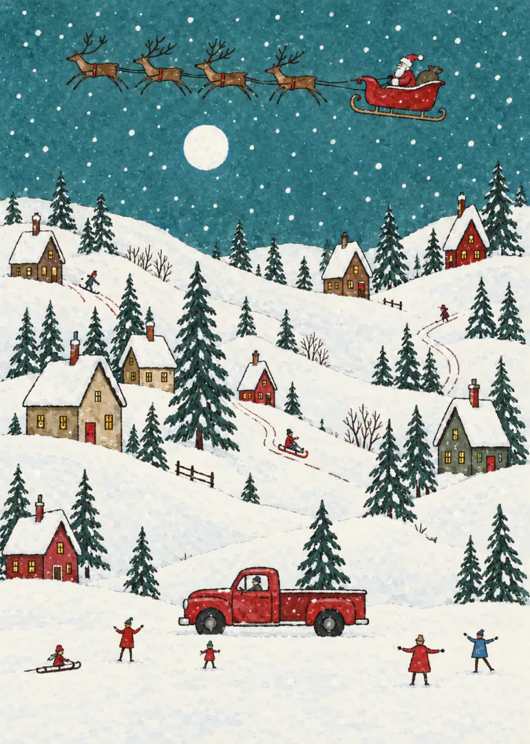 Illustrated snowy village at night with Santa in a reindeer sleigh flying overhead.