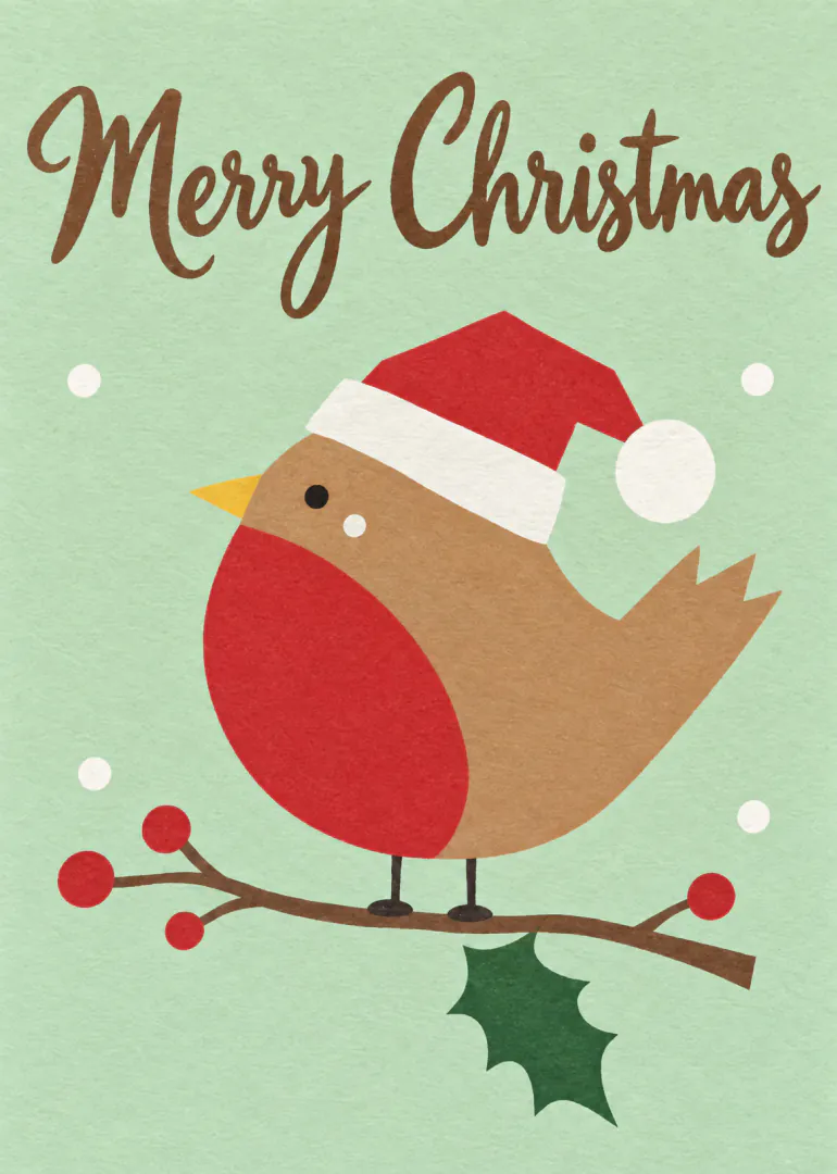 Illustrated robin wearing a red Santa hat on a holly branch beneath Merry Christmas lettering.