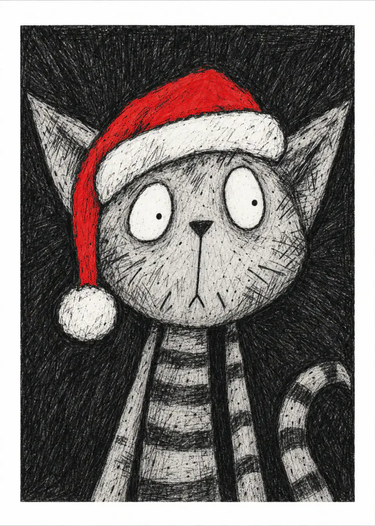 Scratchy black and white illustration of a wide-eyed cat wearing a red Santa hat.