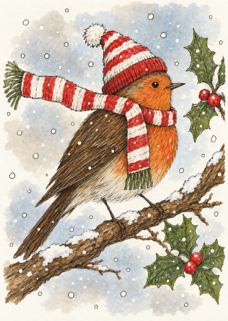 Watercolour-style illustration of a robin in a red striped hat and scarf on a snowy branch with holly.